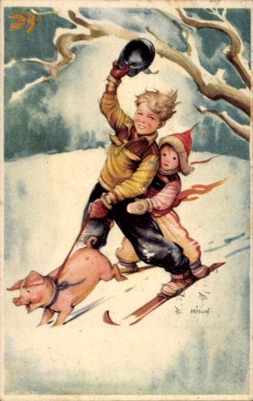 Künstler Ak Kinder fahren Ski, Schwein, Schnee