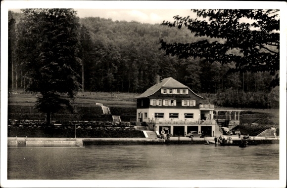 Postcard Hirzenhain in Hessen, Hillersbach beach, Wilh. Schlörb restaurant