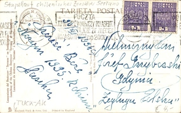 Artist Postcard Chilean warship, launch, destroyer Serrano
