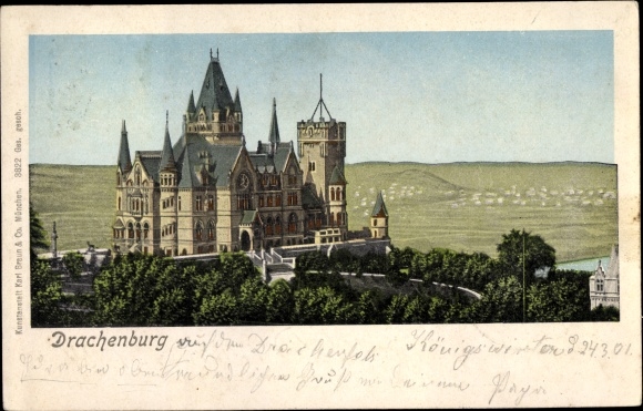 Illuminated window Postcard Königswinter am Rhein, view of the Drachenburg, Golden Windows