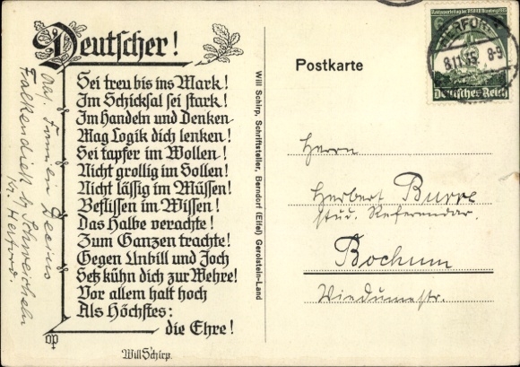 Ak Bochum im Ruhrgebiet, Vorderseite einer Postkarte mit einem Gedicht von Will Schirp.