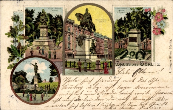 Ak Görlitz in der Lausitz,  mit Denkmal, Statue, Bäume und Menschen, Gruss aus Görlitz
