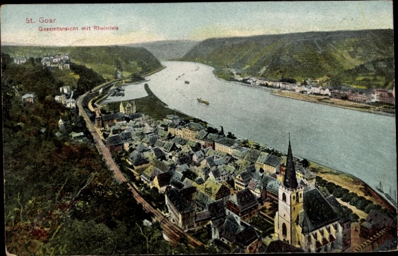 KP St. Goar am Rhein, widok ogólny z Rheintels, krajobrazem rzecznym, domami, kościołem
