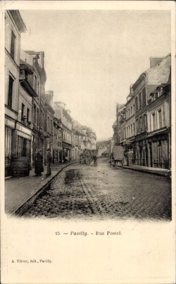Ak Pavilly Seine Maritime, Straße mit Kopfsteinpflaster, Häusern, Pferdewagen