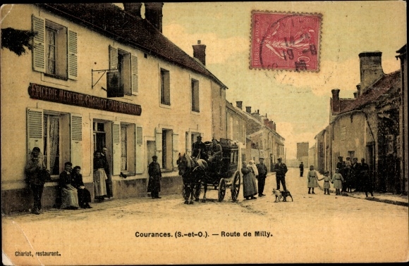 Ak Courances Essonne, Route de Milly, Kutsche