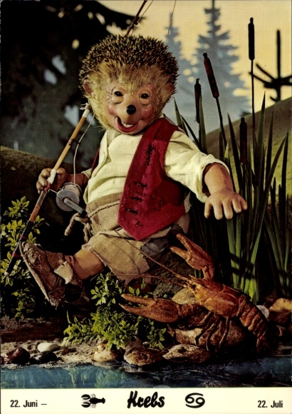 Postcard Mecki the Hedgehog, Zodiac sign Cancer, Cancer, 22 June to 22 July, Angel