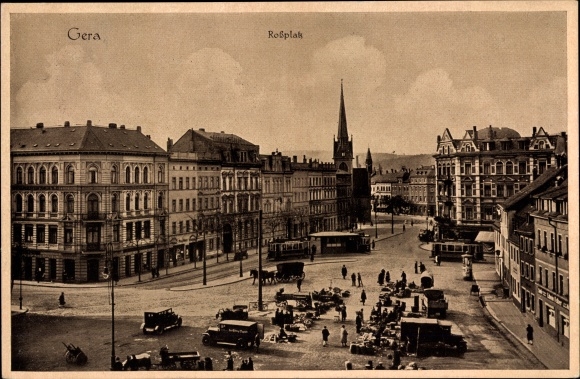 Ak Gera in Thüringen, Roßplatz, Autos, Straßenbahnen
