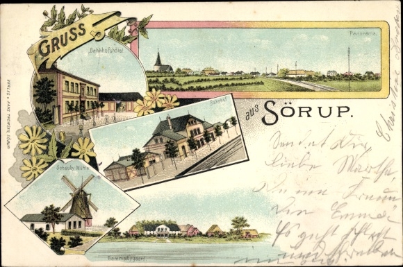 litho Sörup in Vissen, Station Hotel, Treinstation, Schauby Mill, Gammelbygaard
