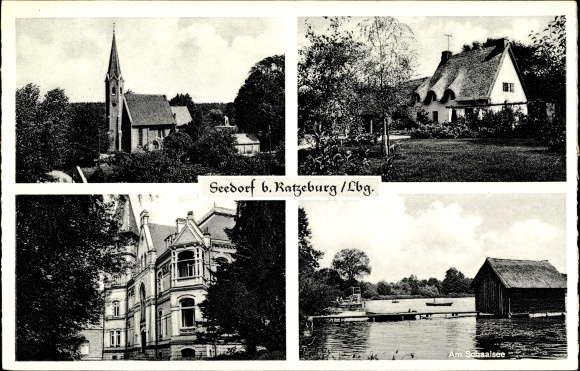 Postcard Seedorf in Lauenburg, view of the town with Schaalsee, church