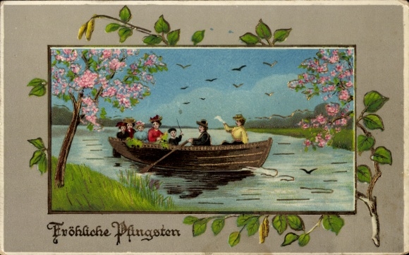 Passepartout Ak Glückwunsch Pfingsten, Menschen im Ruderboot