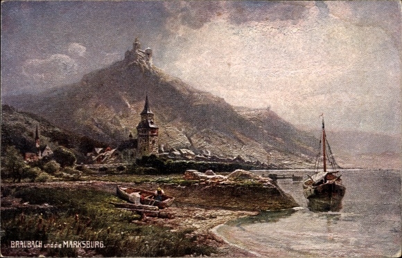 Artist PC Astudin, Braubach am Rhein, Marksburg, boat, church, river bank, logs