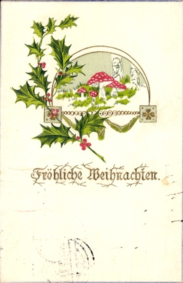 Ak Vrolijk Kerstfeest, hulsttak, paddenstoelen