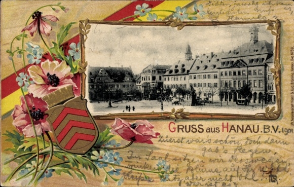 Passepartout Wappen Ak Hanau am Main. Platz, Gebäude, Blumen