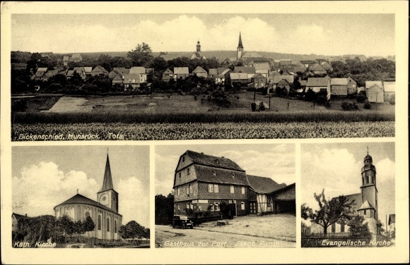 Postcard Dickenschied im Hunsrück, Panorama, Catholic Church, Ev. Church, Inn zur Post