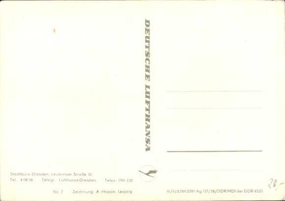 Flight routes Postcard Deutsche Lufthansa, Dresden, sightseeing flight