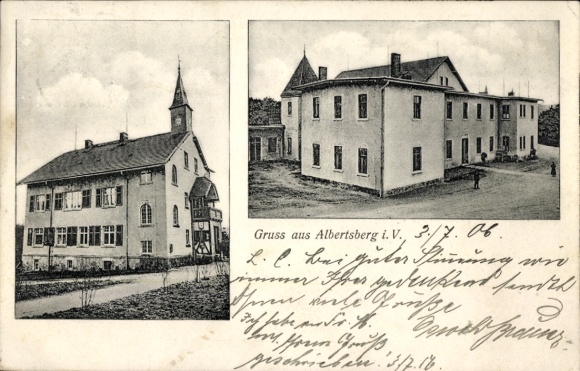 Postcard Albertsberg Auerbach im Vogtland, two buildings, greetings from date 3/7.06.