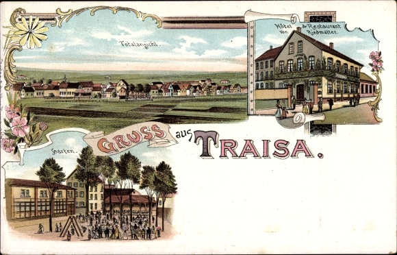 Chromo-Litho Traisa Mühltal in the Odenwald Hessen, hotel and guesthouse, total view of the village