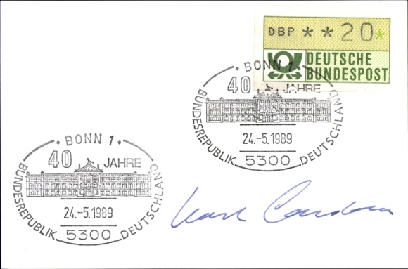 Ersttagsbrief 40 Jahre Bundesrepublik Deutschland, Bonn 24.5.1989, Autogramm Karl Carstens
