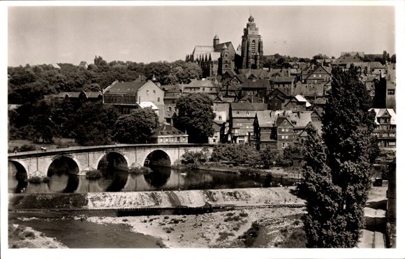Postcard Wetzlar on the Lahn, city view with bridge, houses, opposite mountain, church