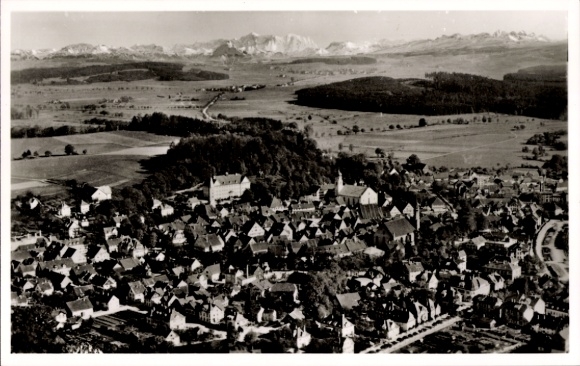 PC Leutkirch im Allgäu Württemberg, aerial photograph, city view, Alpine view, black and white, vintage
