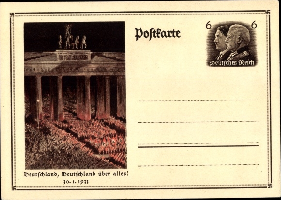 Ganzsachen Ak Berlin, Deutschland über alles, Aufmarsch 30.01.1933, Brandenburger Tor