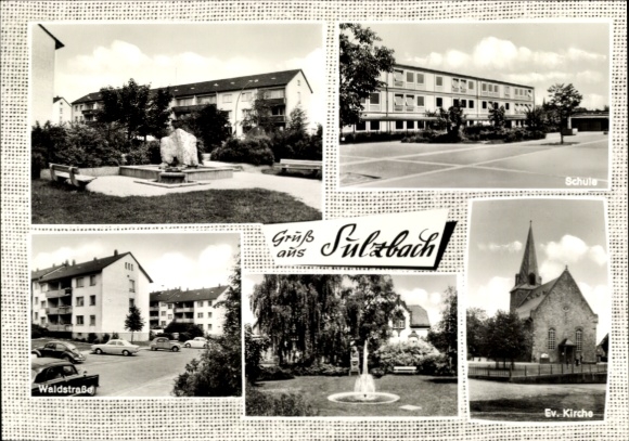 Postcard Sulzbach im Taunus, Protestant church, school, Waldstrasse