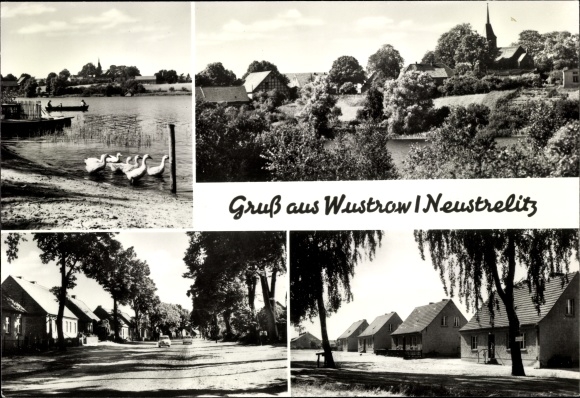 Postcard Wustrow Mecklenburg Lake District, panorama, church, lake, street section