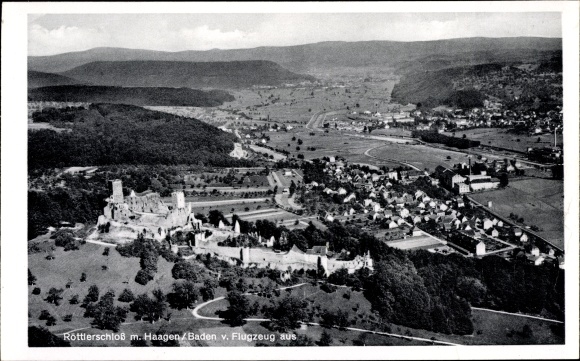 Postcard Rötteln Haagen Lörrach in Baden, aerial photo of the castle and town