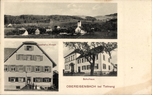Ak Obereisenbach Tettnang in Württemberg, Gesamtansicht, Schulhaus, Gasthof zum Hirsch