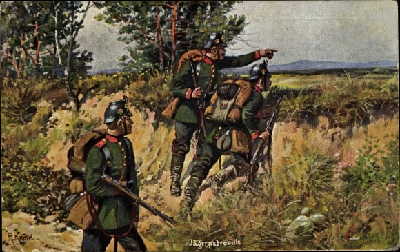 Artist PC Knötel, R., Jägerpatrouille, German soldiers in uniform