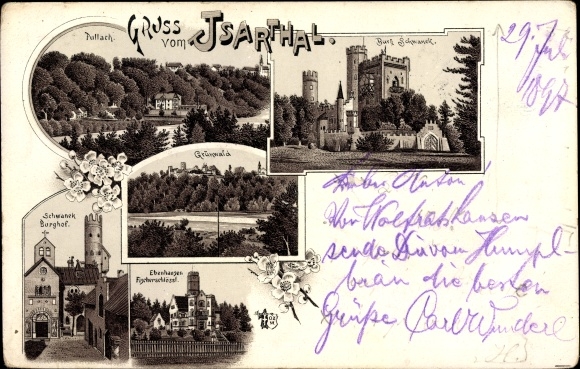 Chromo-Litho Pullach in the Isar valley, Schwanek Castle, Grünwald, courtyard, Fischerschlössl