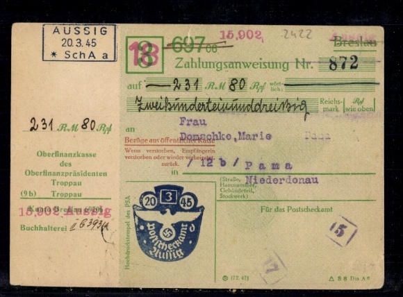 Money order, embossed stamp "20.3.45 Aussig"