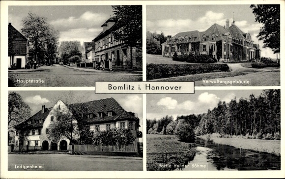 Postcard Bomlitz in the Heidekreis, main street, administration building, Ledigenheim, on the Böhme