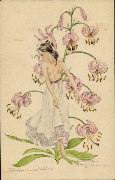 Artist Postcard Schwarz Torinus, Anna, Bare-breasted woman in front of a Turk's cap lily