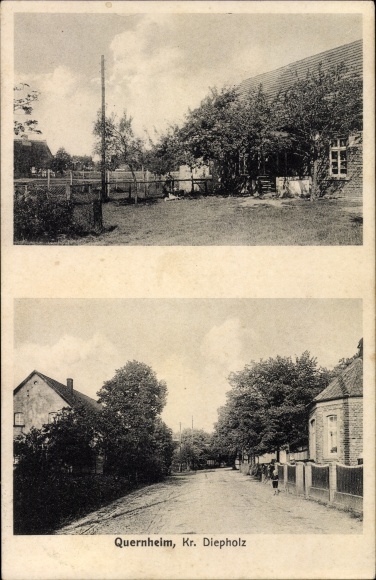 Ansichtkaart Quernheim Landkreis Diepholz, deel van de straat, deel van de tuin