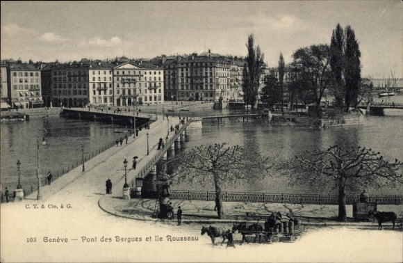 KP Genewa Miasto Szwajcaria, Pont des Bergues, Ile Rousseau, woda, drzewa, budynki