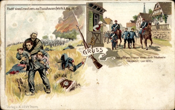 lito Wœrth Wörth an der Sauer Elsass Bas Rhin, Ucieczka mieszkańca z Elsasshausen, 1870