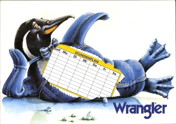 Timetable Wrangler Jeans, penguin in jeans with timetable around 1990