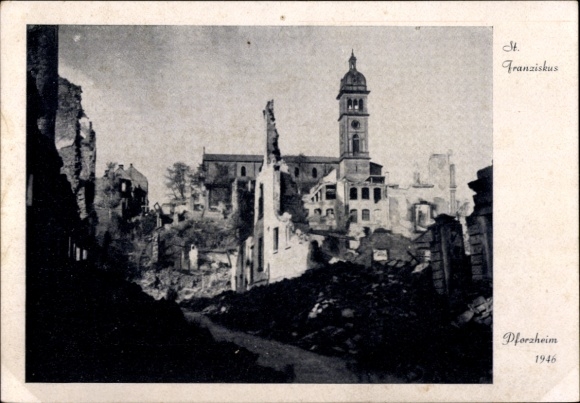 PC Pforzheim in the Black Forest, ruins city view, Church of St. Francis, year 1946