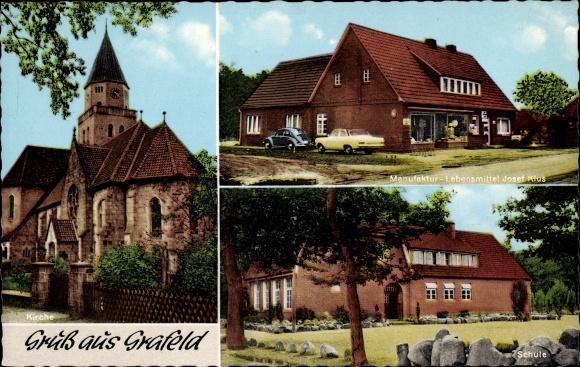 Ak Grafeld Berge Niedersachsen, Kirche, Manufaktur Lebensmittel Josef Klus, Schule