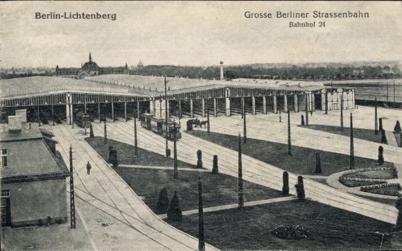 Postcard Berlin Lichtenberg, Great Berlin Tram, Station 24, Tram Depot