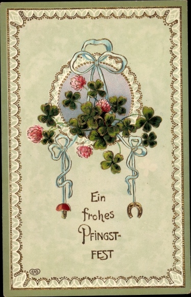 Embossed litho congratulations Pentecost, clover leaves, horseshoe