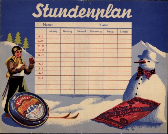 Timetable advertising Kaiser&#39;s breast caramelle, tin can, snowman, ski around 1930