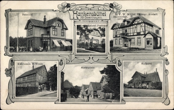 Postcard Hankensbüttel in Lower Saxony, Photographic Institute, Bahnhofstrasse, dairy, train station