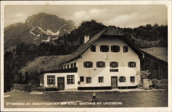 Postcard Ettenberg Marktschellenberg, view of the inn with the Unterberg, owner Peter Sunkler