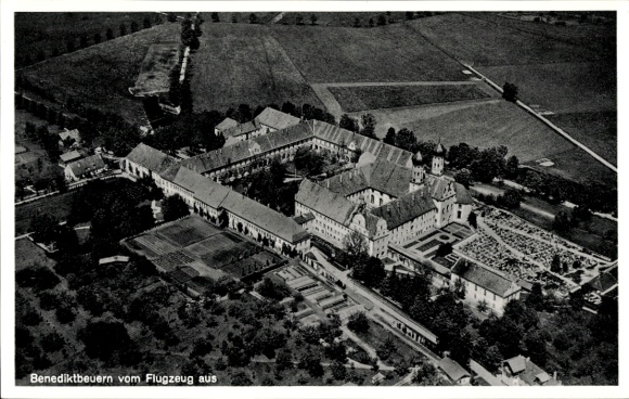 Postcard Benediktbeuern in Upper Bavaria, aerial view of the monastery and surroundings