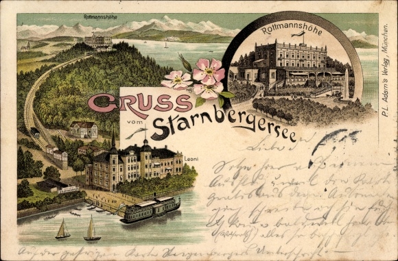 Chromo-Litho Assenhausen Berg am Starnberger See in Upper Bavaria, Rottmannshöhe, cable car, Leoni
