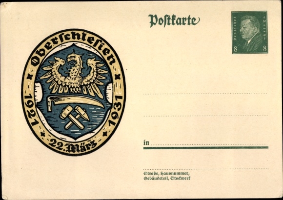 Postal stationery PC Oberschlesien, March 22, 1921 to 1931, coat of arms, 8 Pfennig