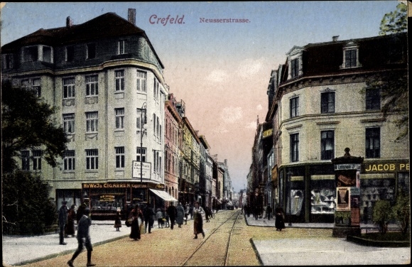 Ak Krefeld am Niederrhein, Neusserstraße, Gleise, HaWeJa Zigarrenhandlung, Passanten