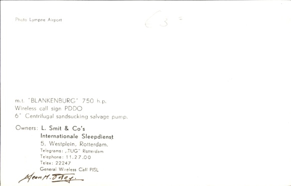 Ansichtkaart schip, sleepboot Blankenburg, L. Smit & Co.
